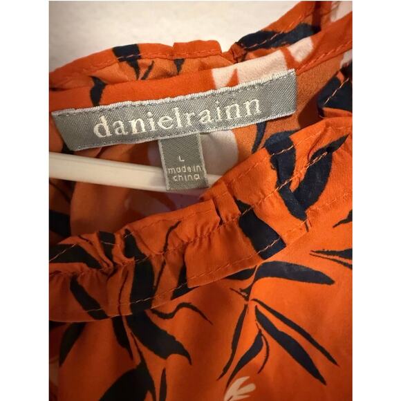 Daniel Rainn Top Pullover Orange Floral Print Ruched Neckline - Size Large - Picture 3 of 6